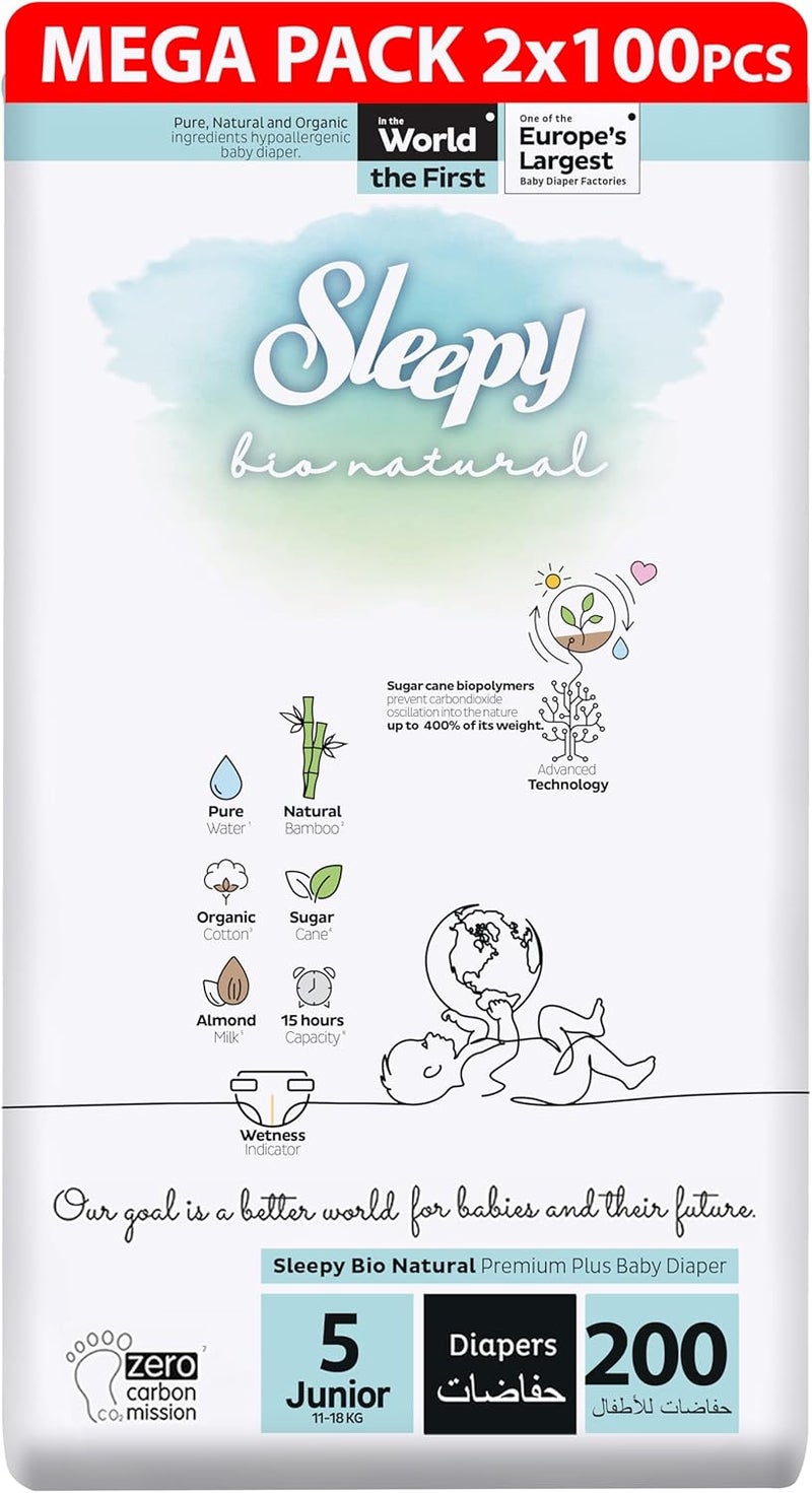 Sleepy Bio Natural Premium Plus Baby Diapers - 200 Count, Size 5 Junior (11-18 kg), Hypoallergenic, Vegan, Leakproof - Image 1